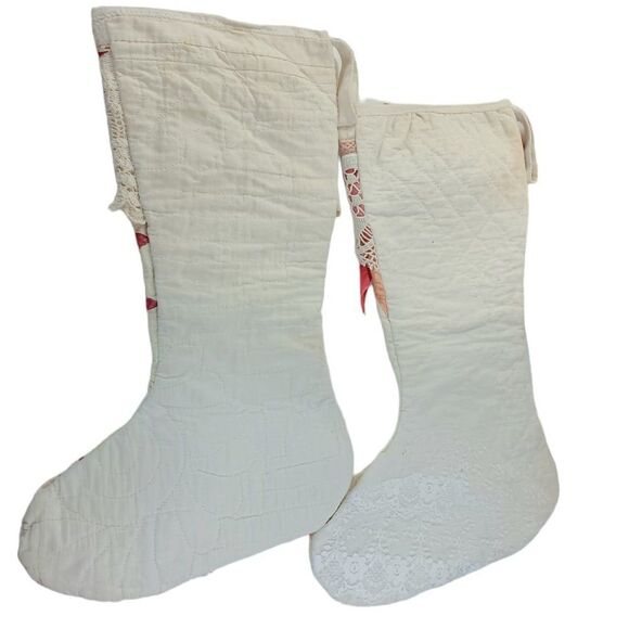 Christmas Stocking Set Vintage Quilt and Lace Two Red Cream Cottage Farmhouse - Picture 11 of 16